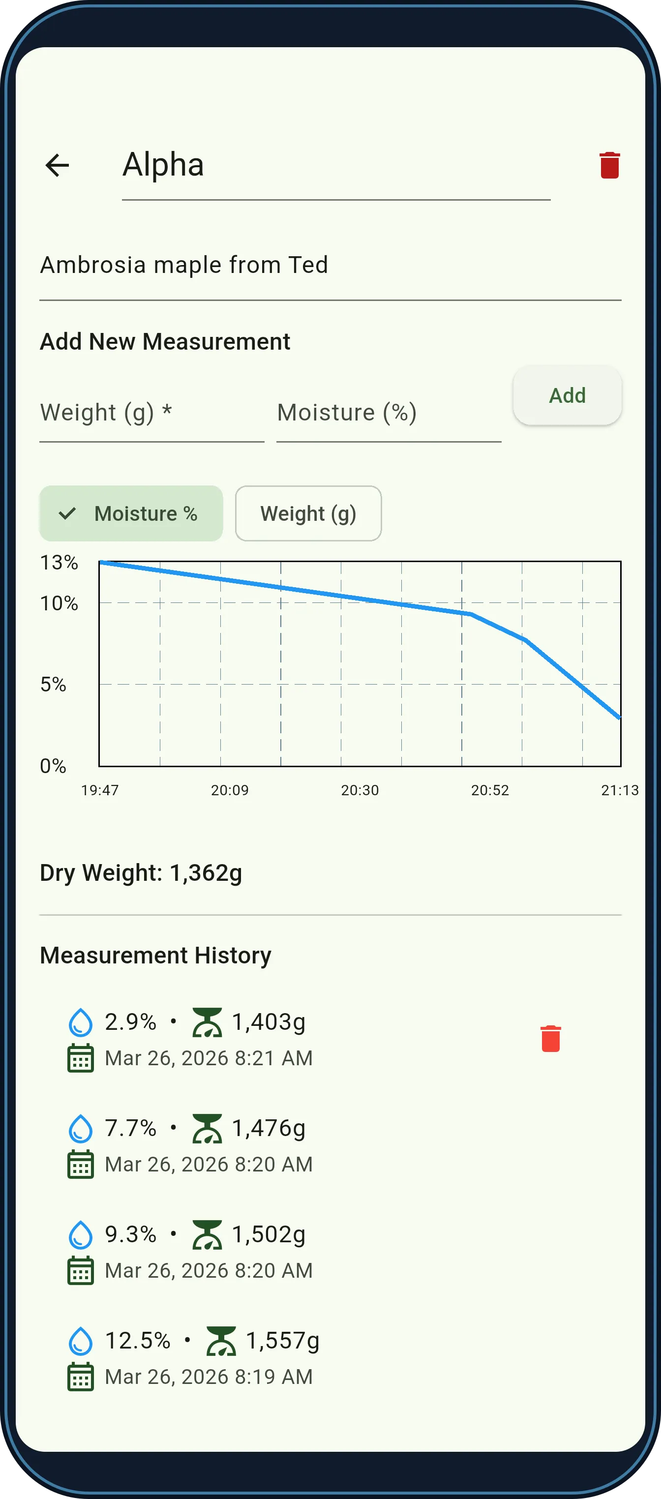 A TurnDry wood-piece detail screen showing a moisture-over-time graph and the calculated dry weight.