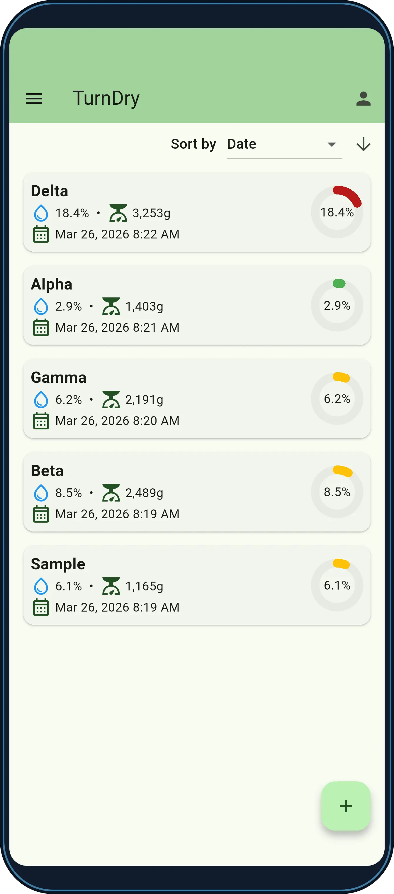 TurnDry home screen on a phone, listing tracked wood pieces with their current moisture levels.